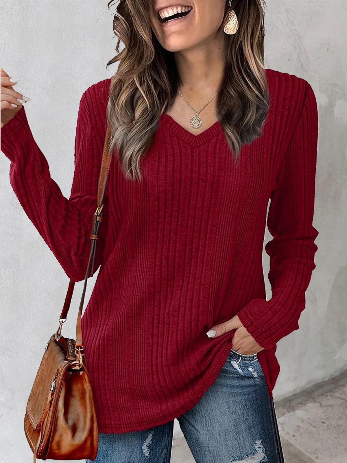 V Neck Casual Plain Knitted Raglan Sleeve T-Shirt