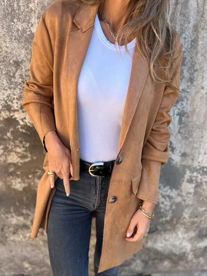 Suede Lapel Collar Casual Plain Coat