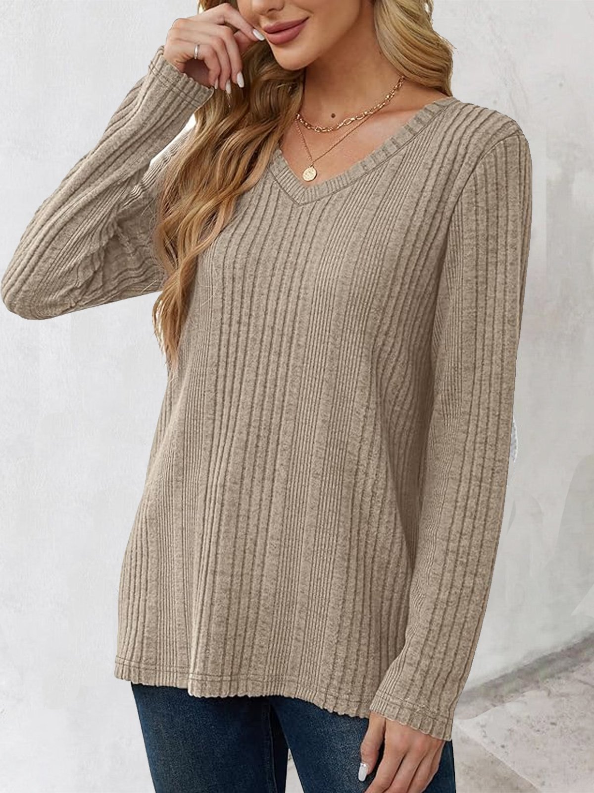 V Neck Casual Plain Knitted Raglan Sleeve T-Shirt