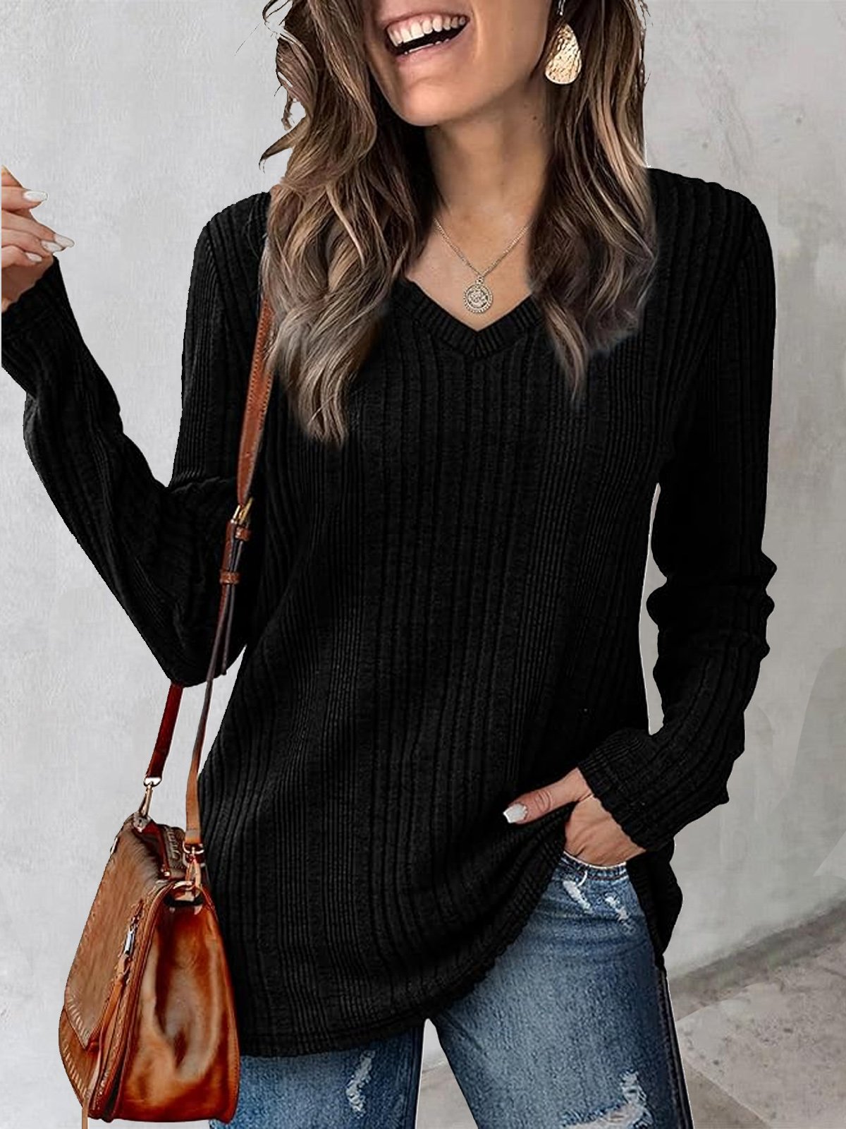 V Neck Casual Plain Knitted Raglan Sleeve T-Shirt