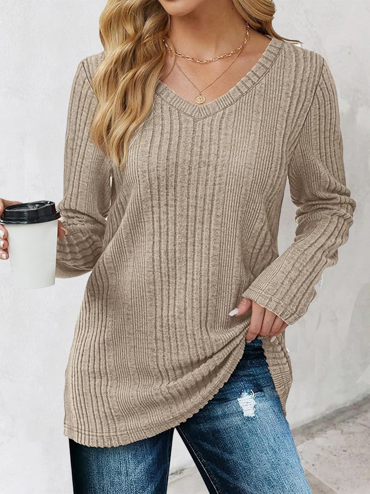 V Neck Casual Plain Knitted Raglan Sleeve T-Shirt