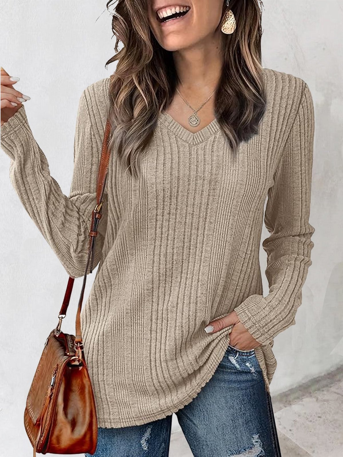 V Neck Casual Plain Knitted Raglan Sleeve T-Shirt