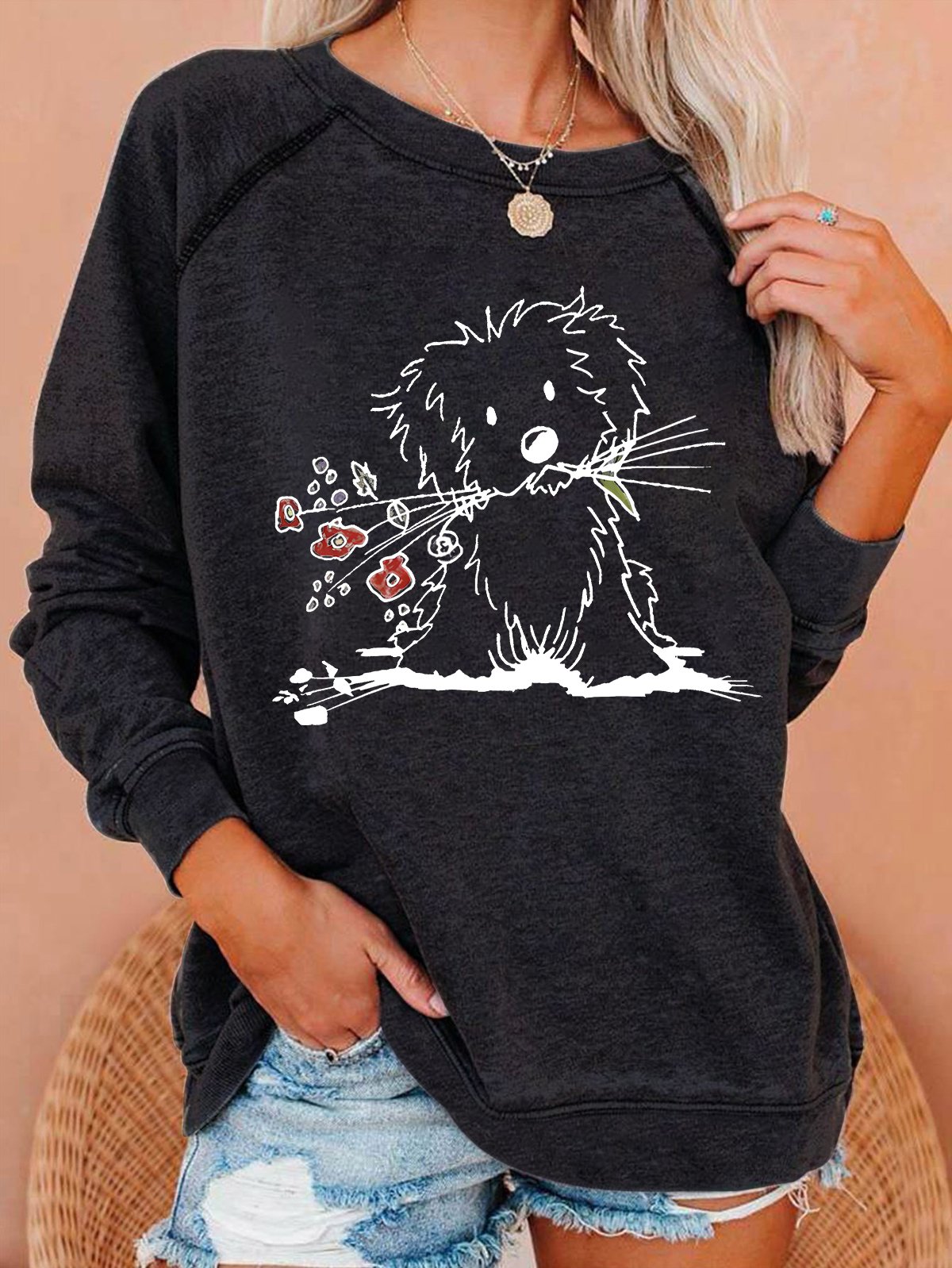 Vintage The Cute Dog Print Casual Sweatshirt