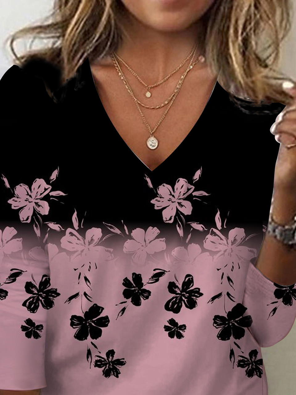 Women's Long Sleeve T-shirt Spring/Fall Black Floral Jersey V Neck Daily Going Out Casual Top