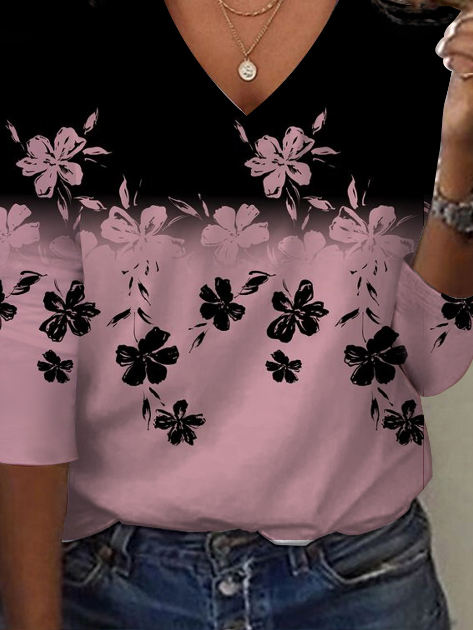 Women's Long Sleeve T-shirt Spring/Fall Black Floral Jersey V Neck Daily Going Out Casual Top