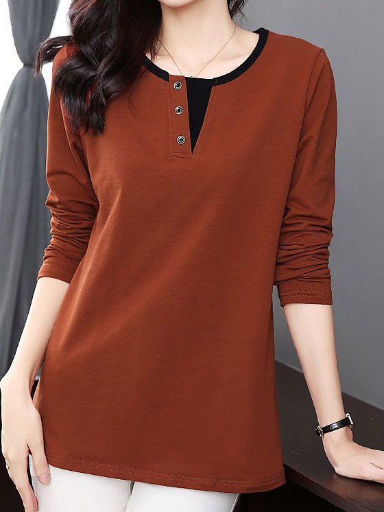 Women's Plain Buckle Knitted Crew Neck Casual Top