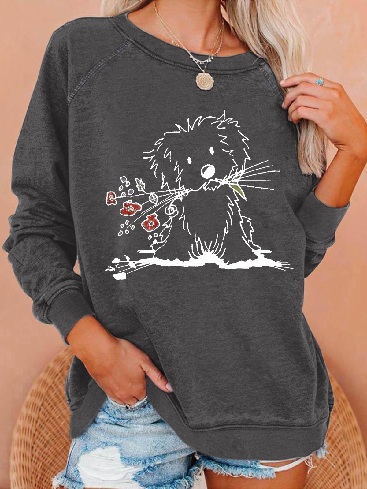 Vintage The Cute Dog Print Casual Sweatshirt