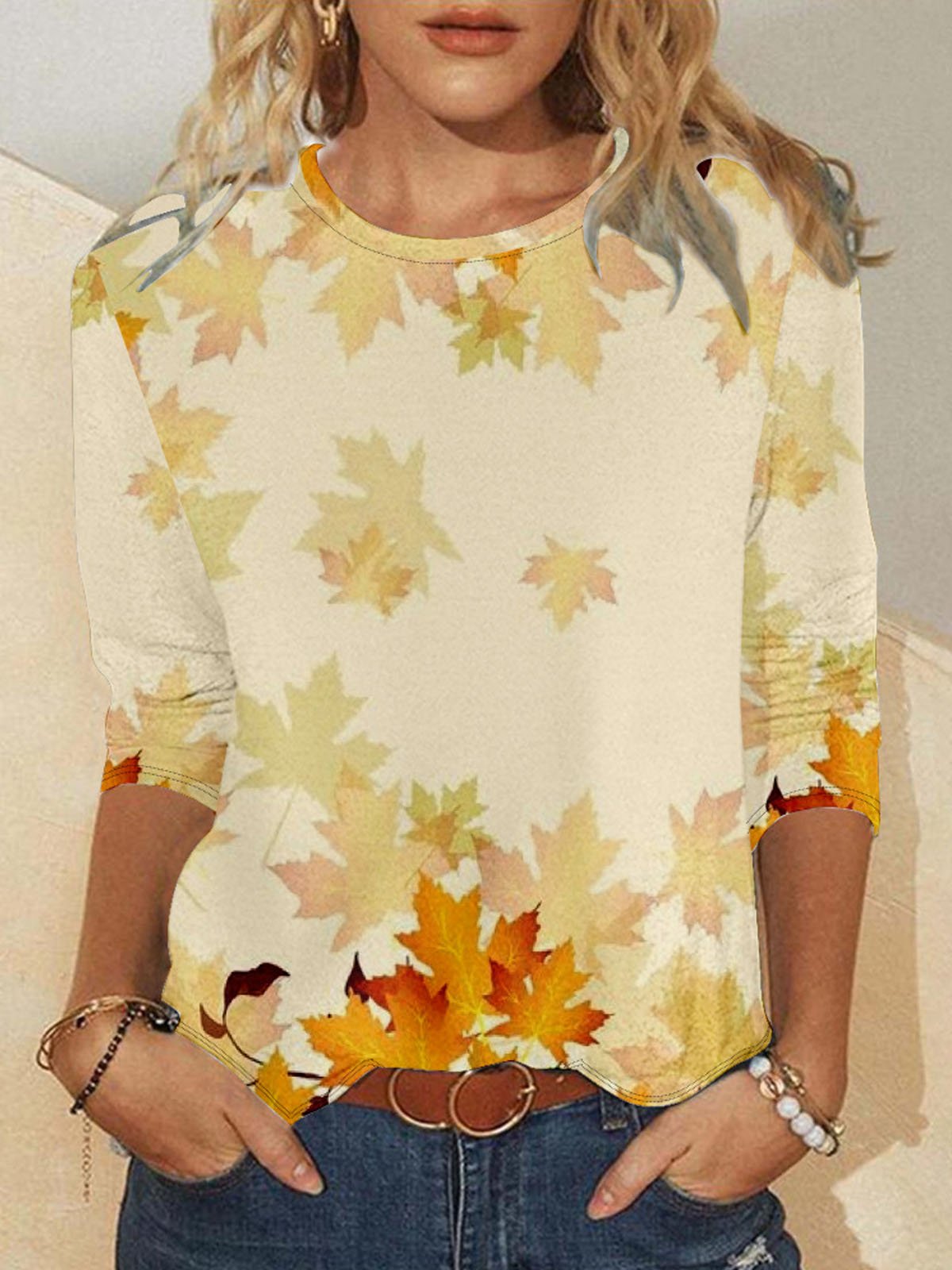 Maple Leaf Printed Round Neck Casual Women's T-shirt