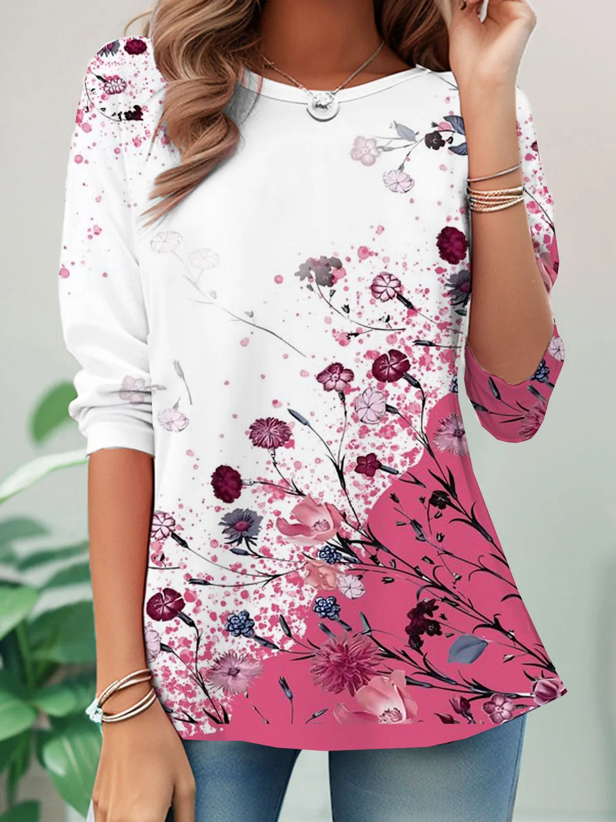 Floral printed casual round neck women's T-shirt