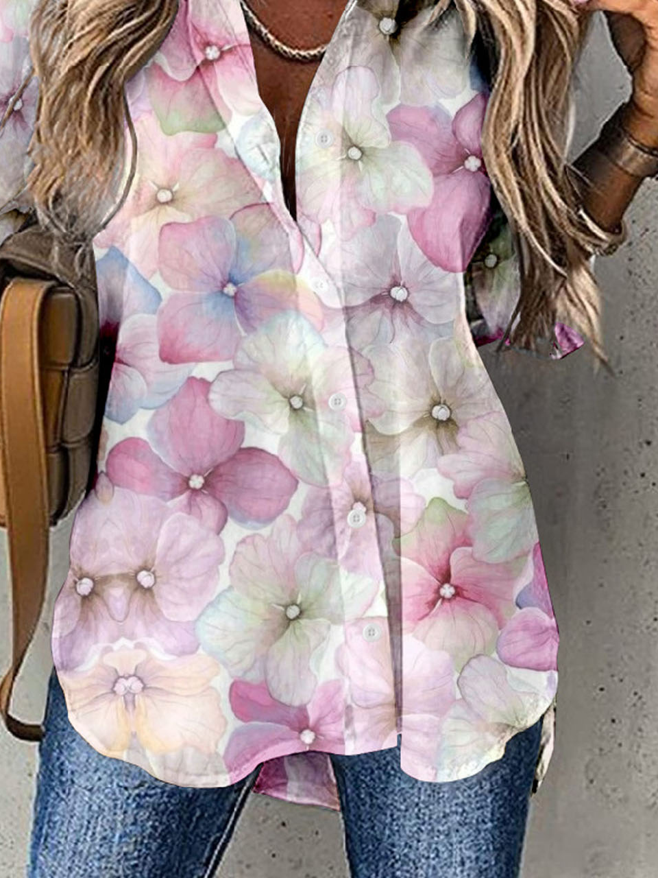 Pink floral printed casual women's shirt