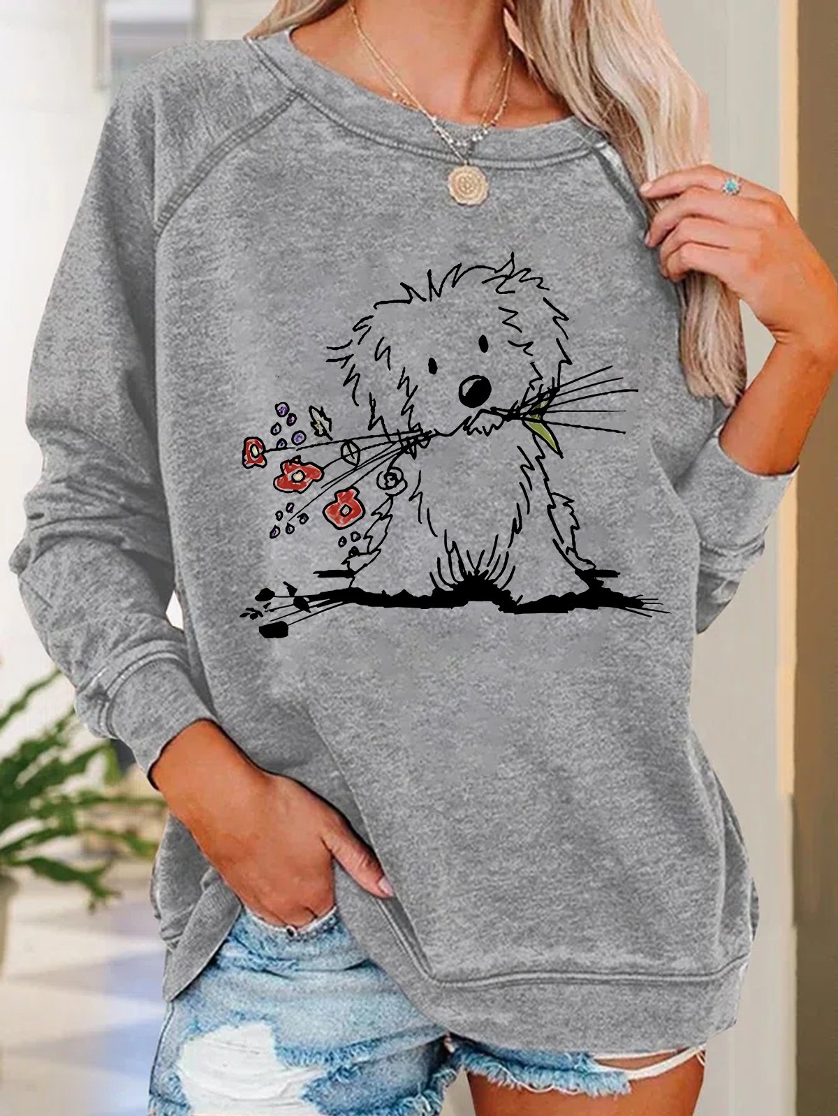 Vintage The Cute Dog Print Casual Sweatshirt