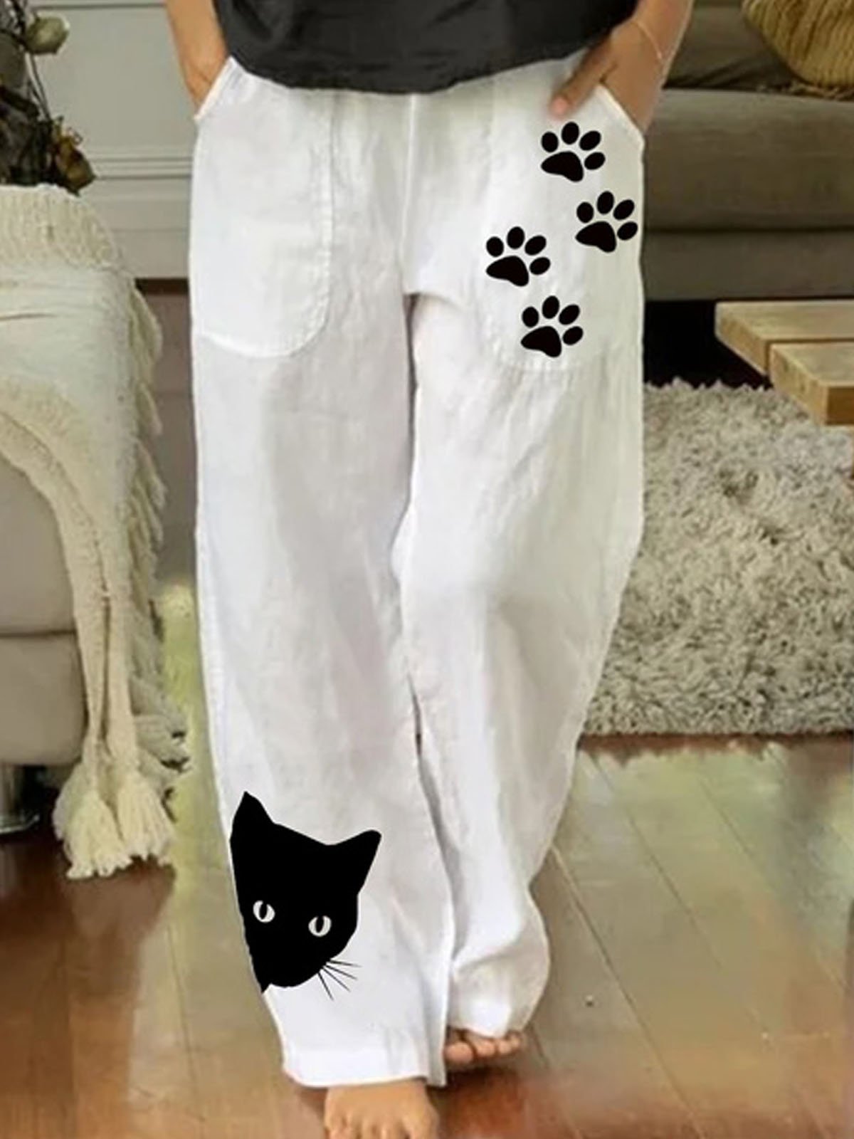 Casual Cat Printed Pocket Stitching Pants