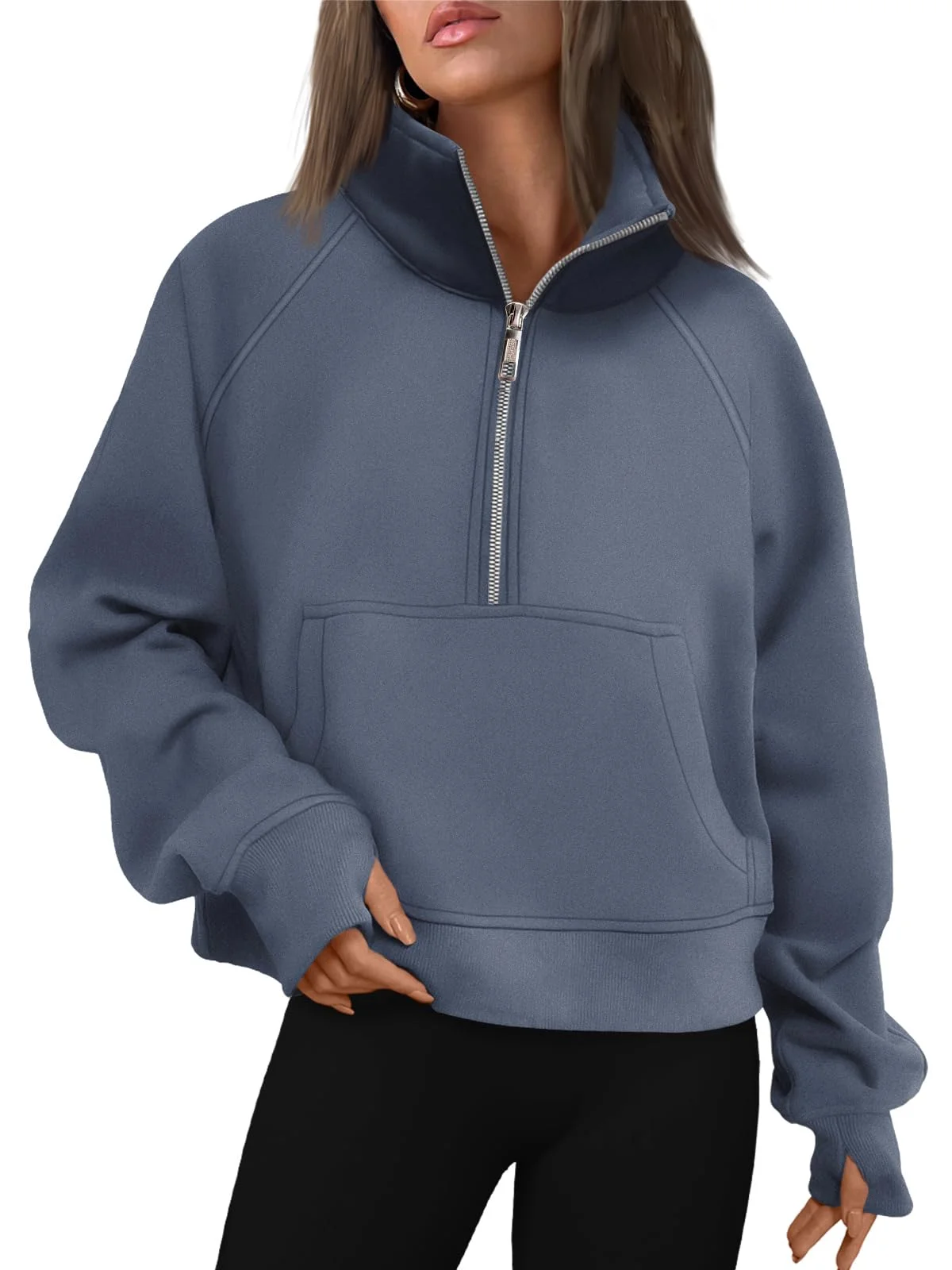 Womens Sweatshirts Half Zip Cropped Pullover Fleece Quarter Zipper Hoodies Fall outfits Clothes Thumb Hole