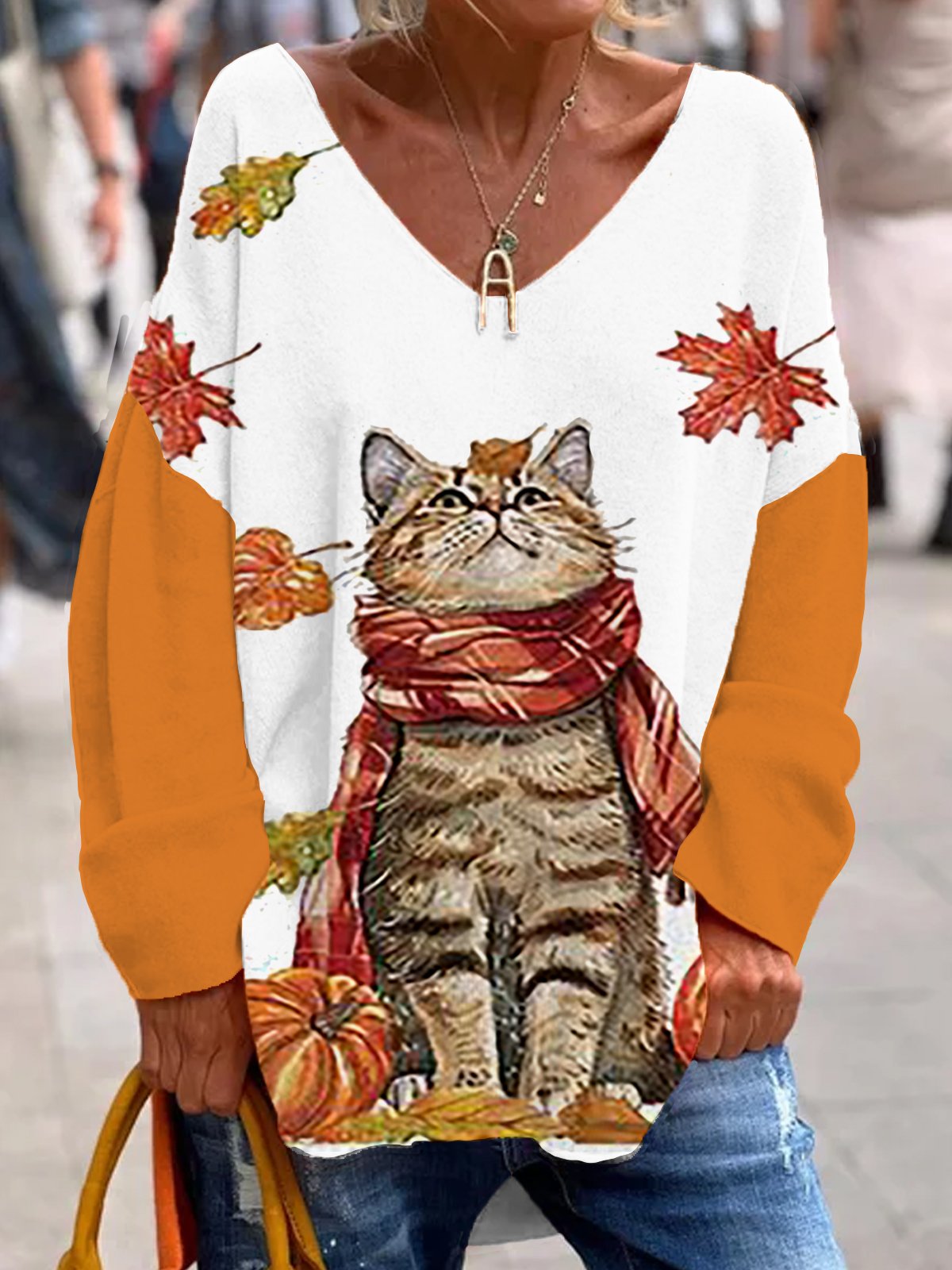 Jersey V Neck Casual Cat Blouse