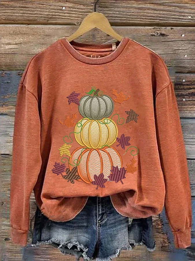 Women's Thanksgiving Autumn Leaves Pumpkin Print Crew Neck Sweatshirt