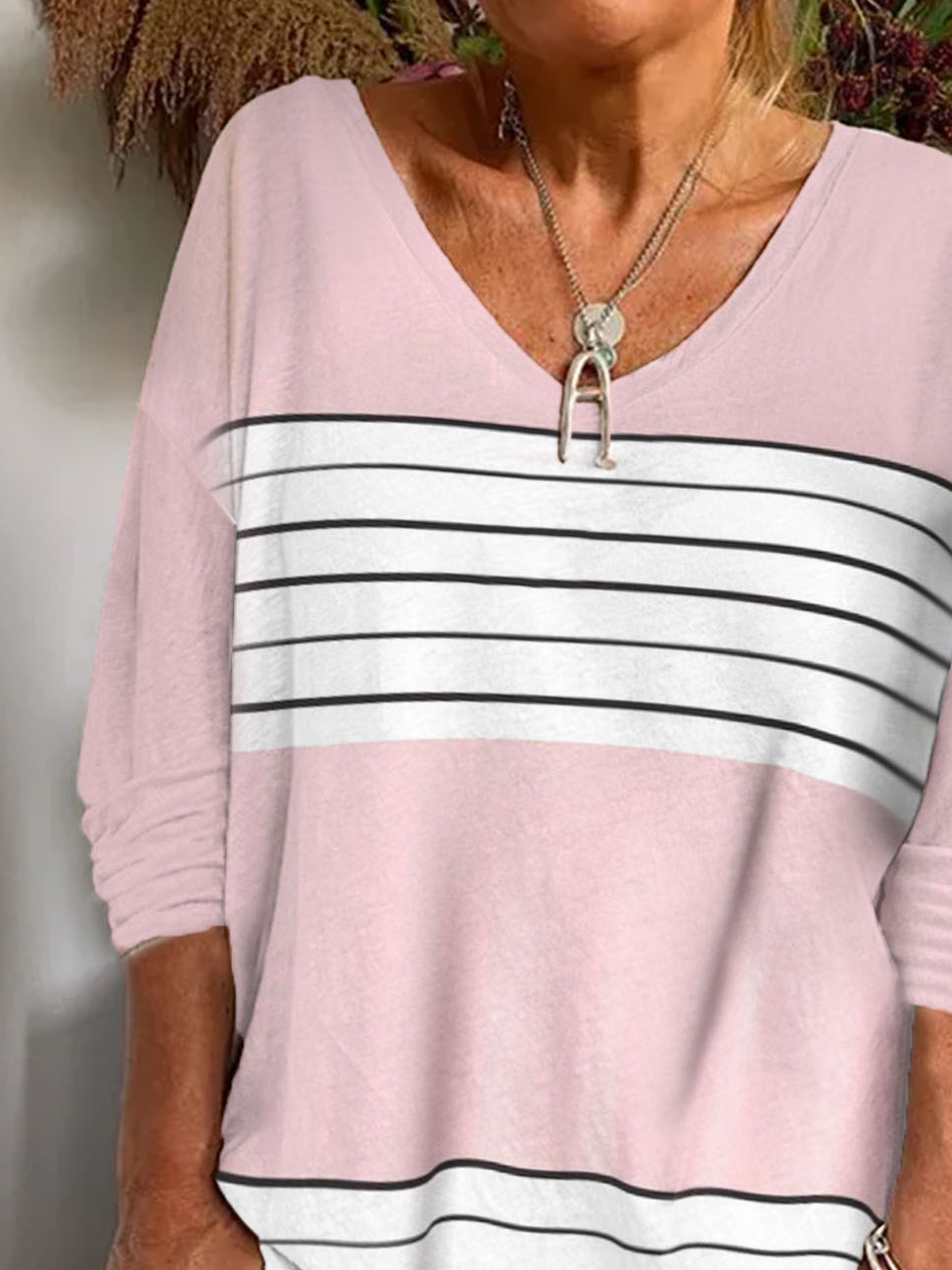 Pink striped printed women's T-shirt