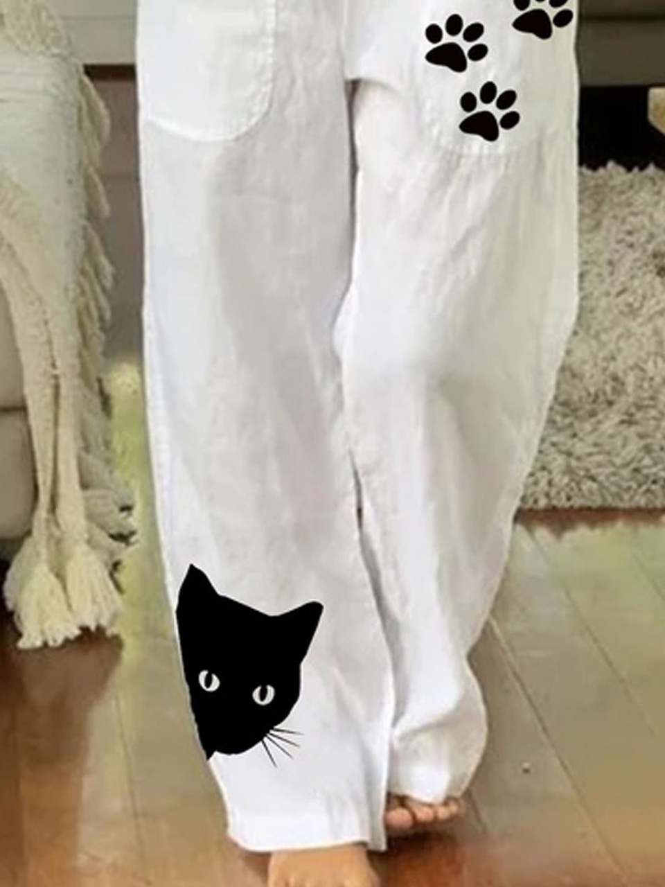 Casual Cat Printed Pocket Stitching Pants