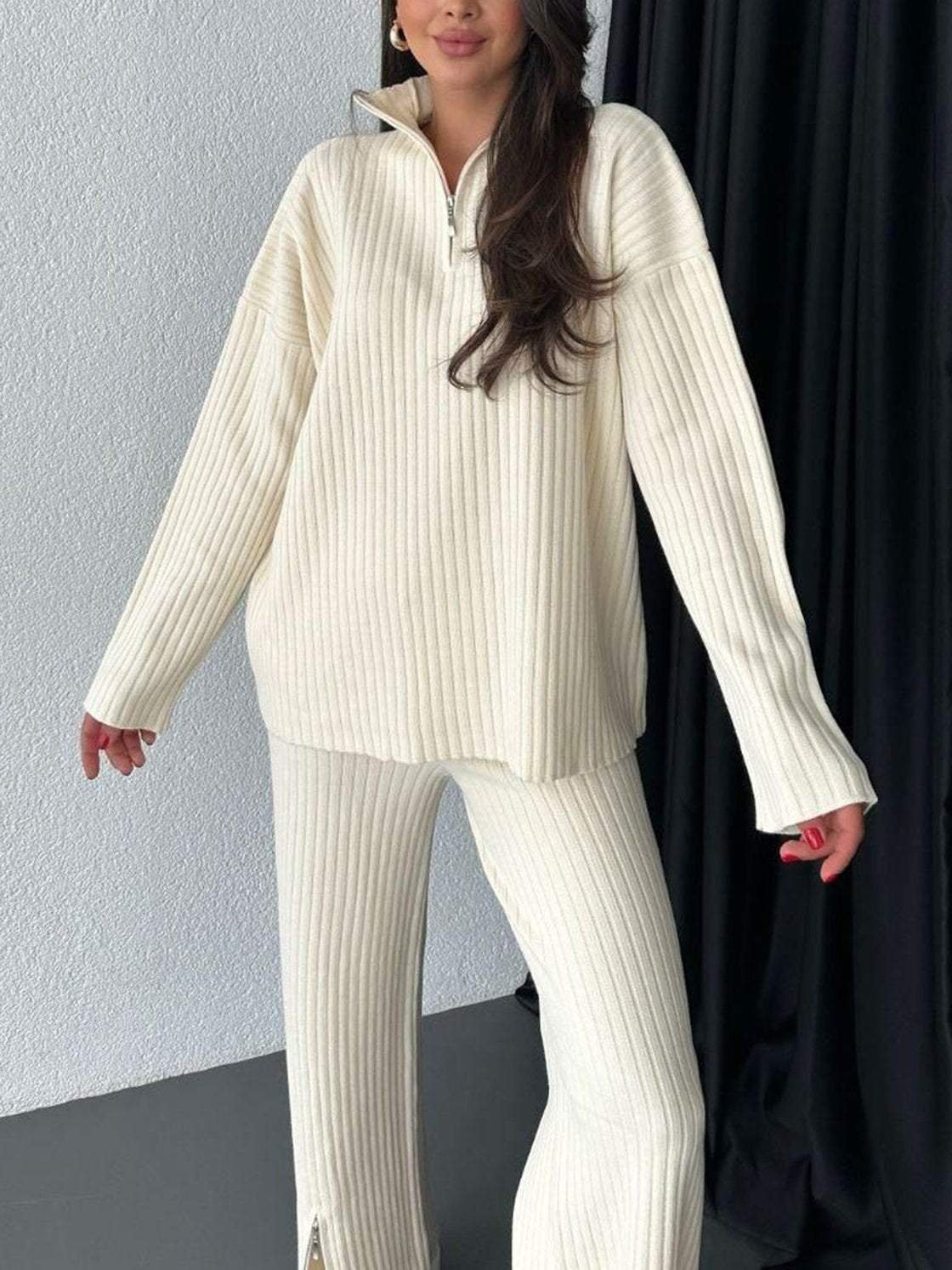 Knitted Plain Half Open Collar Casual Two-Piece Set