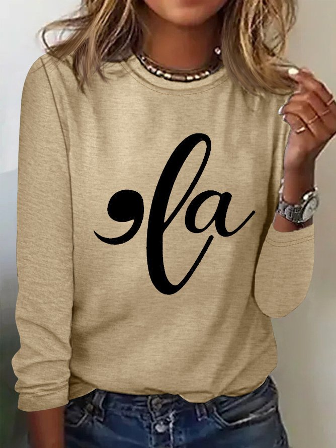 Text Letters Crew Neck Casual Blouse