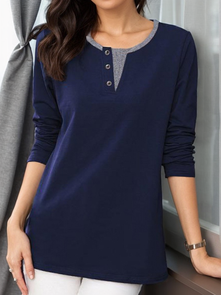 Women's Plain Buckle Knitted Crew Neck Casual Top