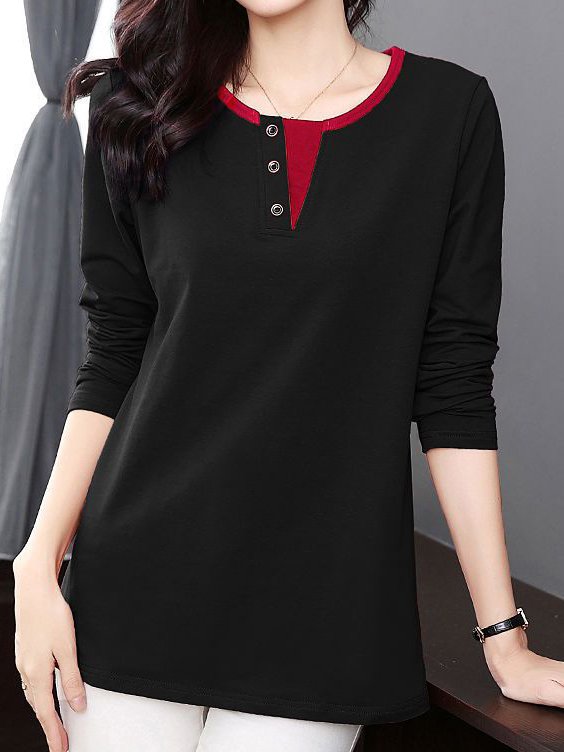 Women's Plain Buckle Knitted Crew Neck Casual Top