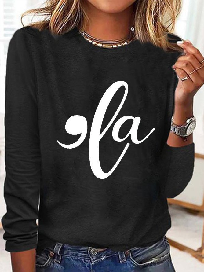 Text Letters Crew Neck Casual Blouse