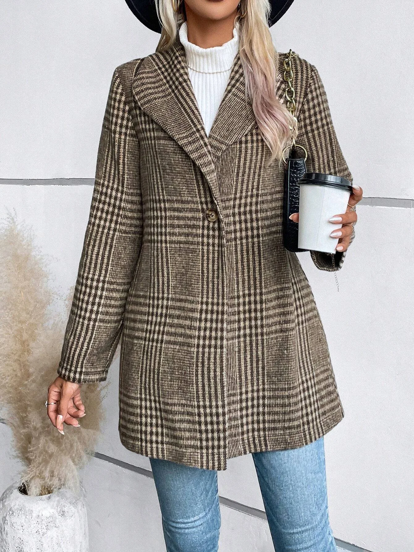 Loose Casual Shawl Collar Plaid Jacket