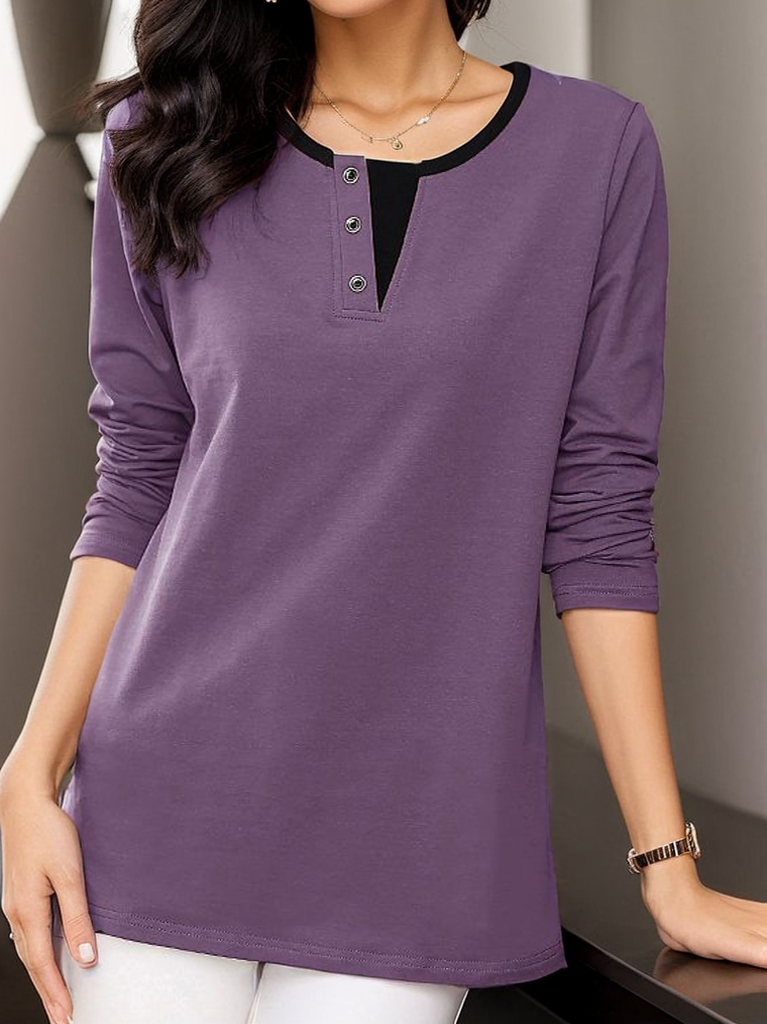 Women's Plain Buckle Knitted Crew Neck Casual Top