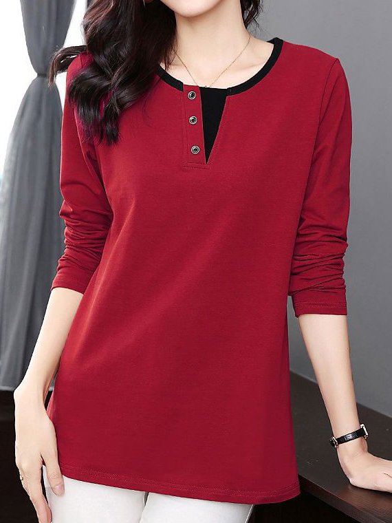 Women's Plain Buckle Knitted Crew Neck Casual Top