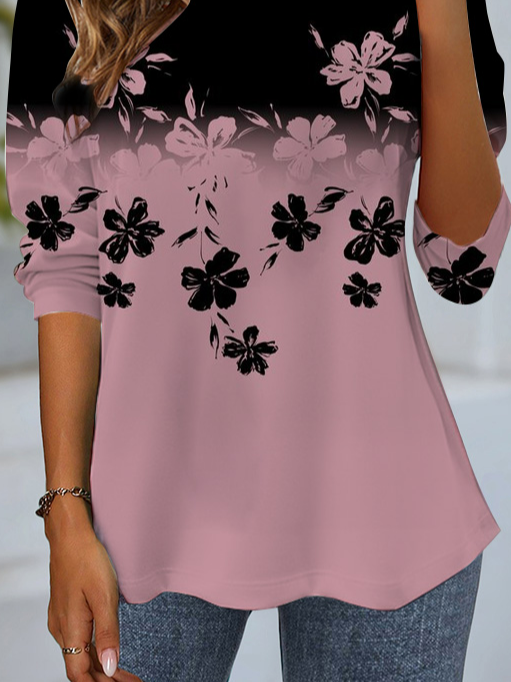 Women's Long Sleeve T-shirt Spring/Fall Black Floral Jersey Crew Neck Daily Going Out Casual Top