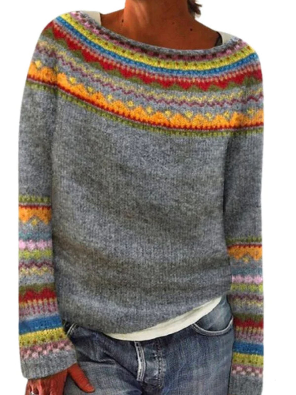 Casual Ethnic Crew Neck Yarn/Wool Yarn Sweater