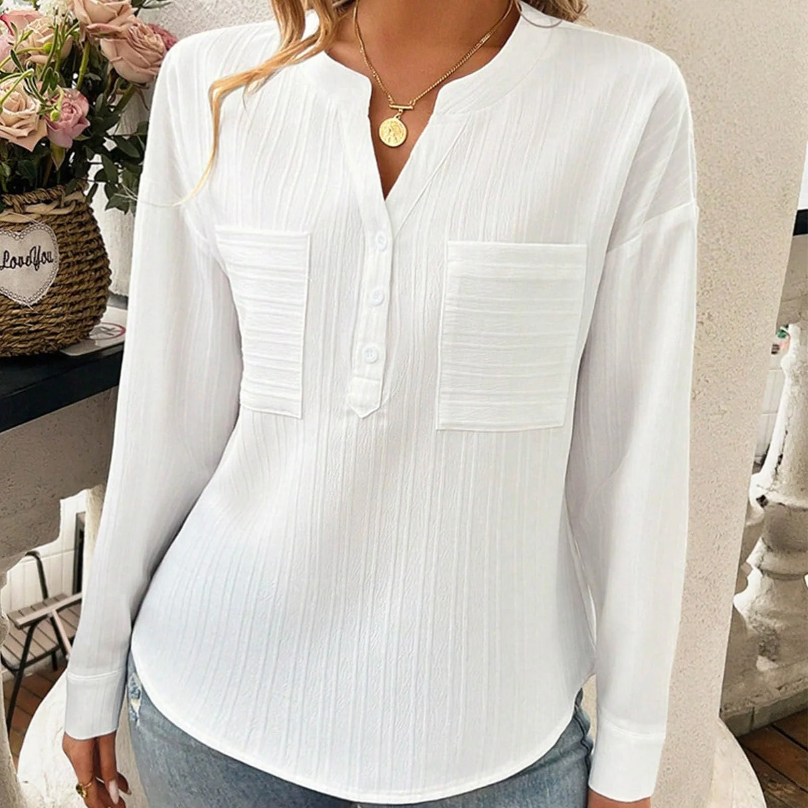 Women's Long Sleeve Blouse Spring/Fall White Plain Buckle Stand Collar Daily Going Out Casual Top