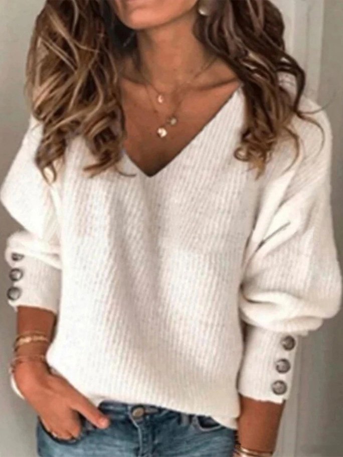 Knitted Casual Buckle Plain Blouse