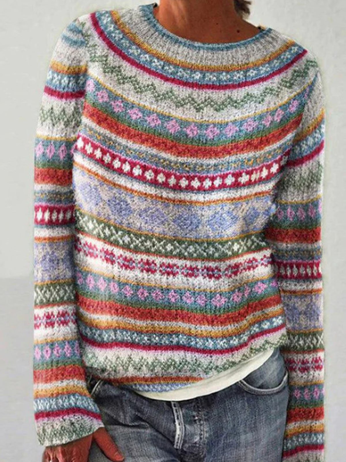 Striped Casual Yarn/Wool Yarn Crew Neck Sweater