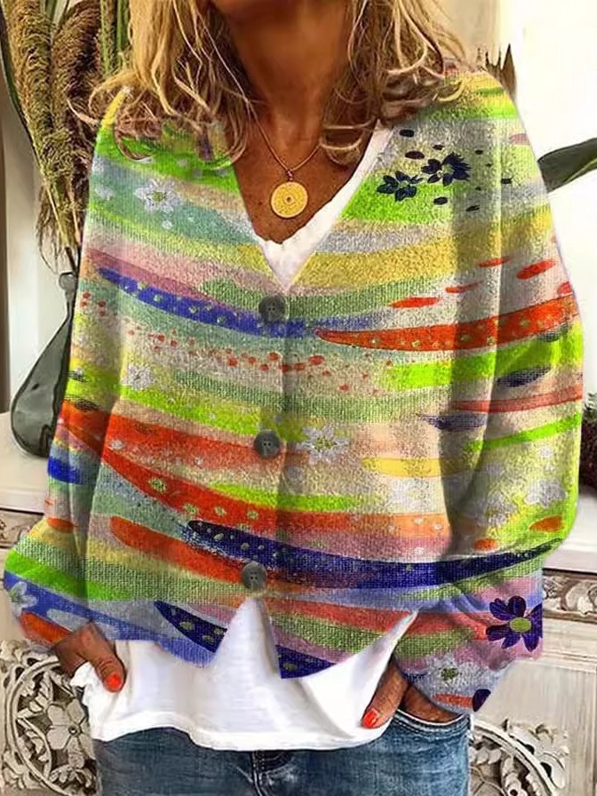 Buckle Casual V Neck Abstract Stripes Cardigan