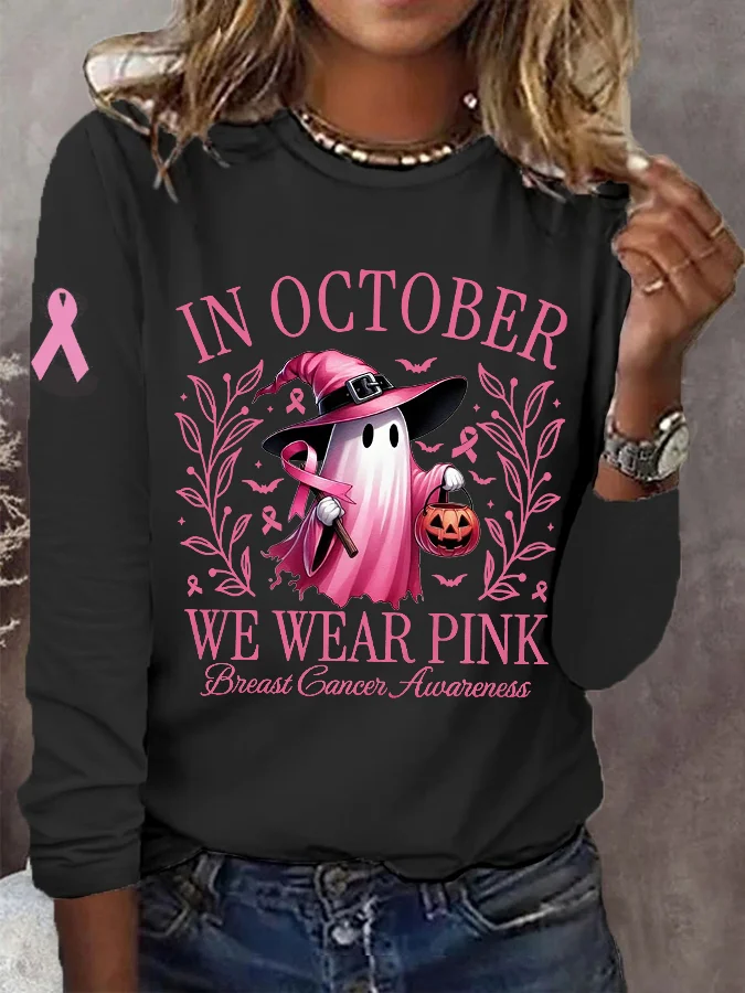 Women's In October We Wear Pink Halloween Ghost Breast Cancer Awareness Warrior Long-Sleeve T-Shirt