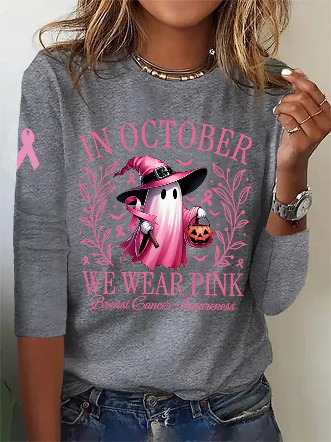 Women's In October We Wear Pink Halloween Ghost Breast Cancer Awareness Warrior Long-Sleeve T-Shirt