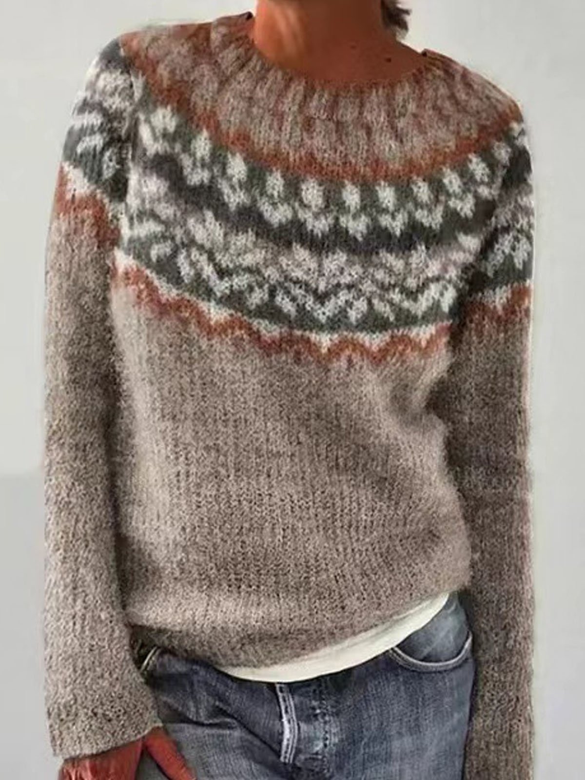 Casual Ethnic Crew Neck Yarn/Wool Yarn Sweater