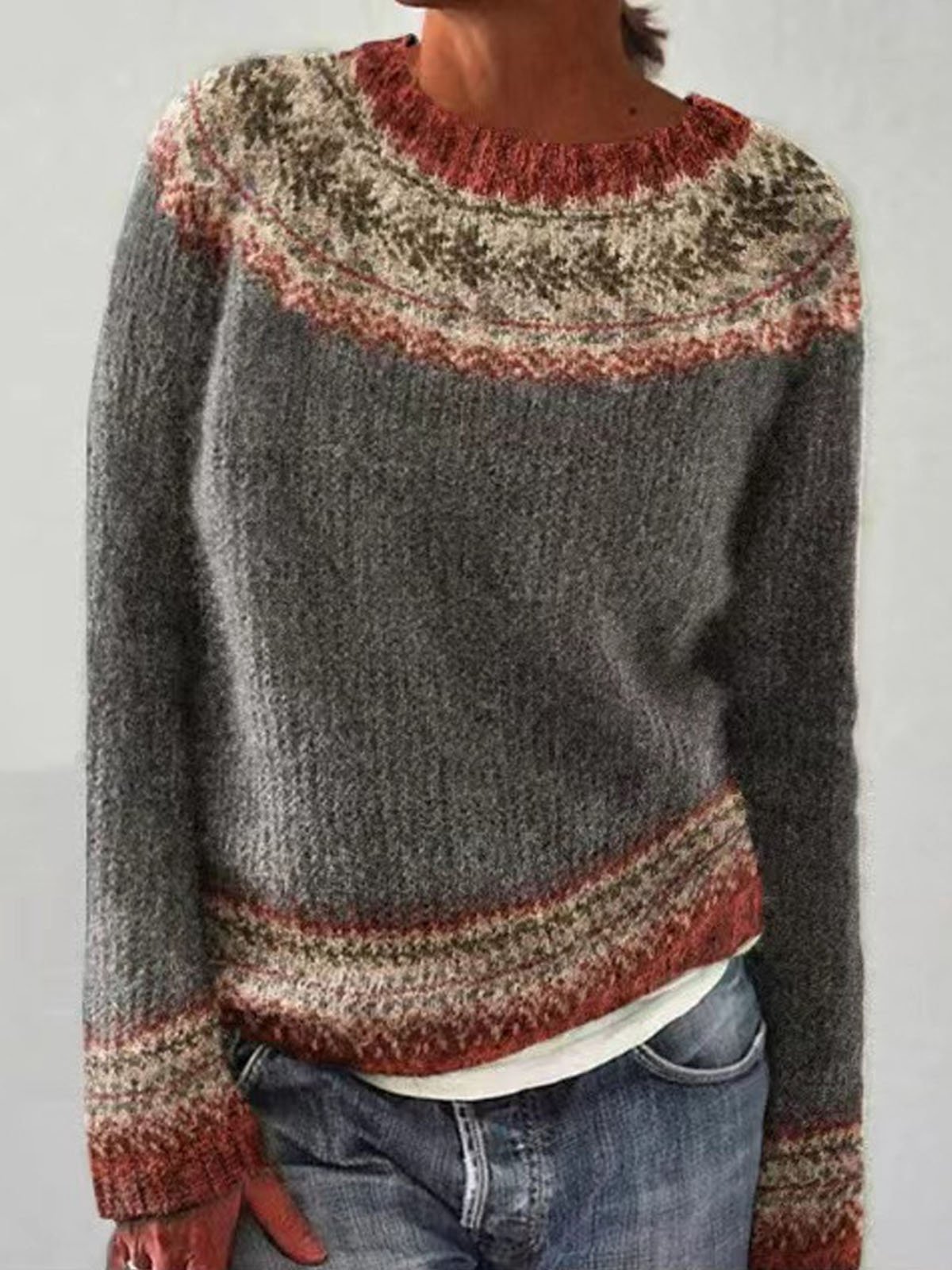 Casual Ethnic Crew Neck Yarn/Wool Yarn Sweater