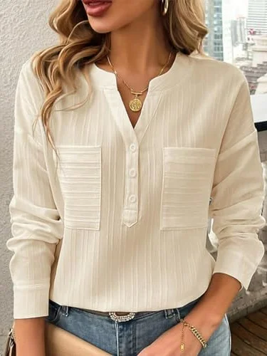 Women's Long Sleeve Blouse Spring/Fall White Plain Buckle Stand Collar Daily Going Out Casual Top