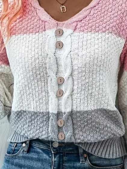 Color Block Casual Buckle V Neck Sweater