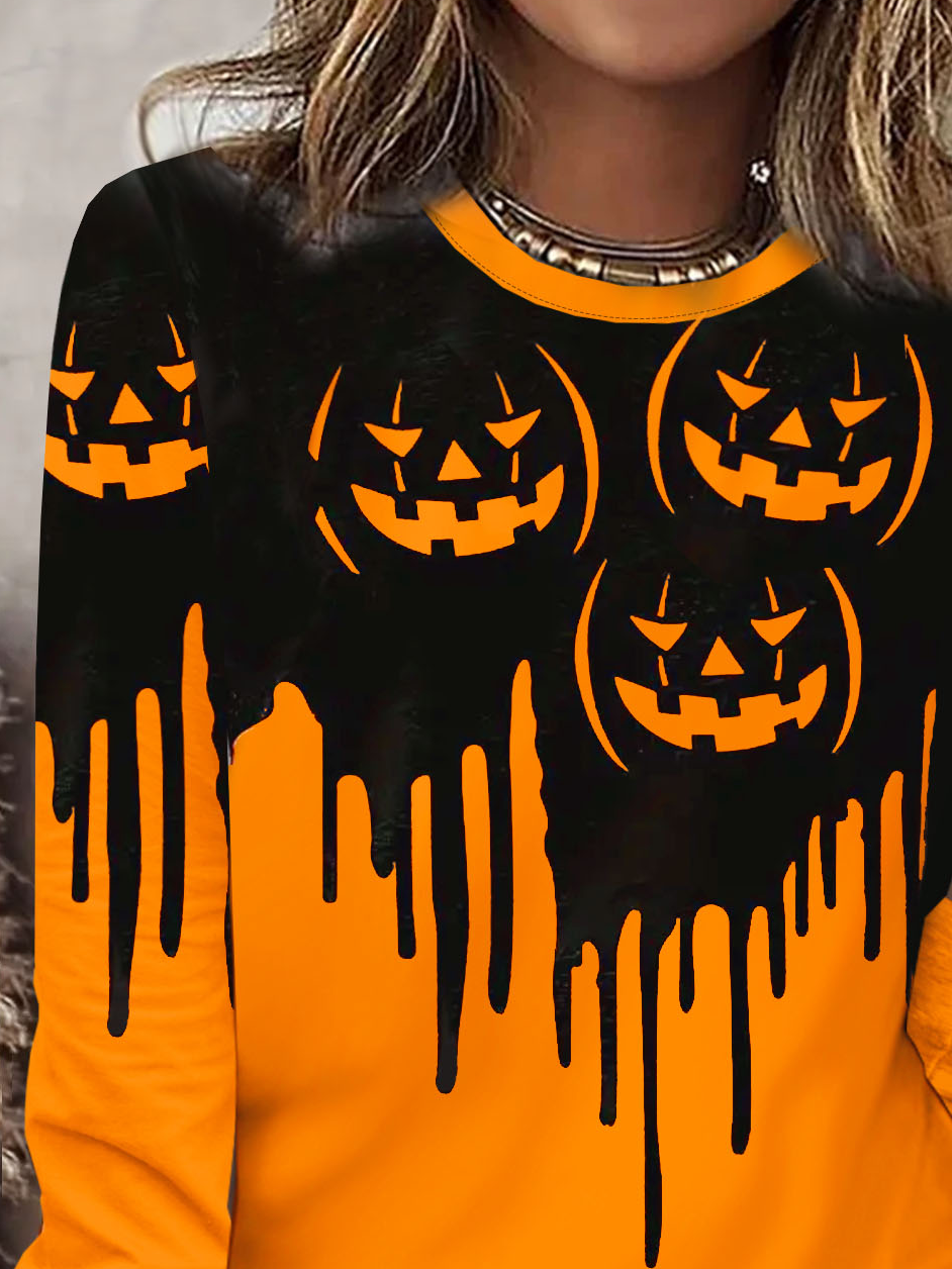 Halloween Pumpkin Printed Round Neck Casual Women's T-shirt