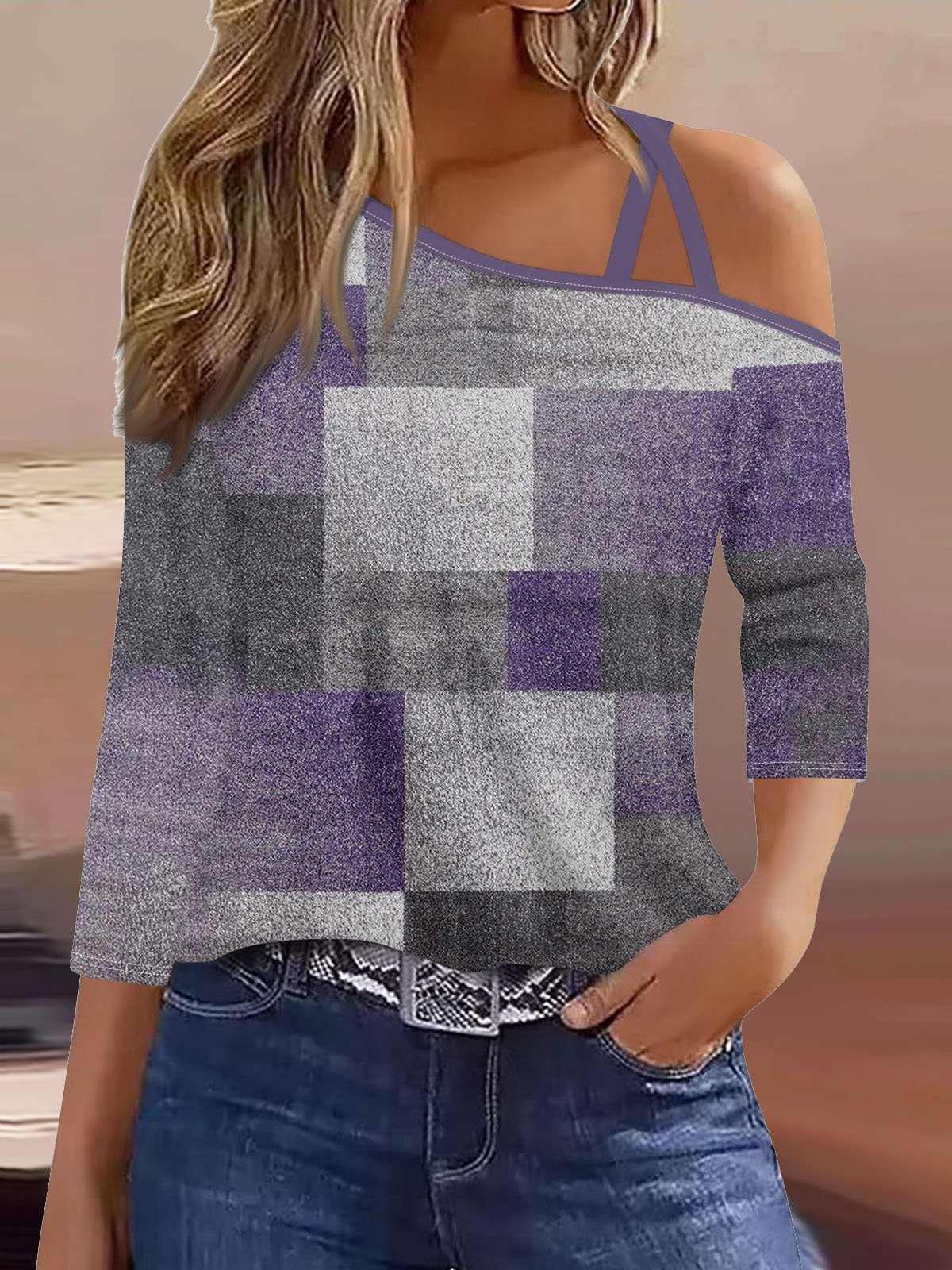 Cold Shoulder Plaid Casual T-Shirt