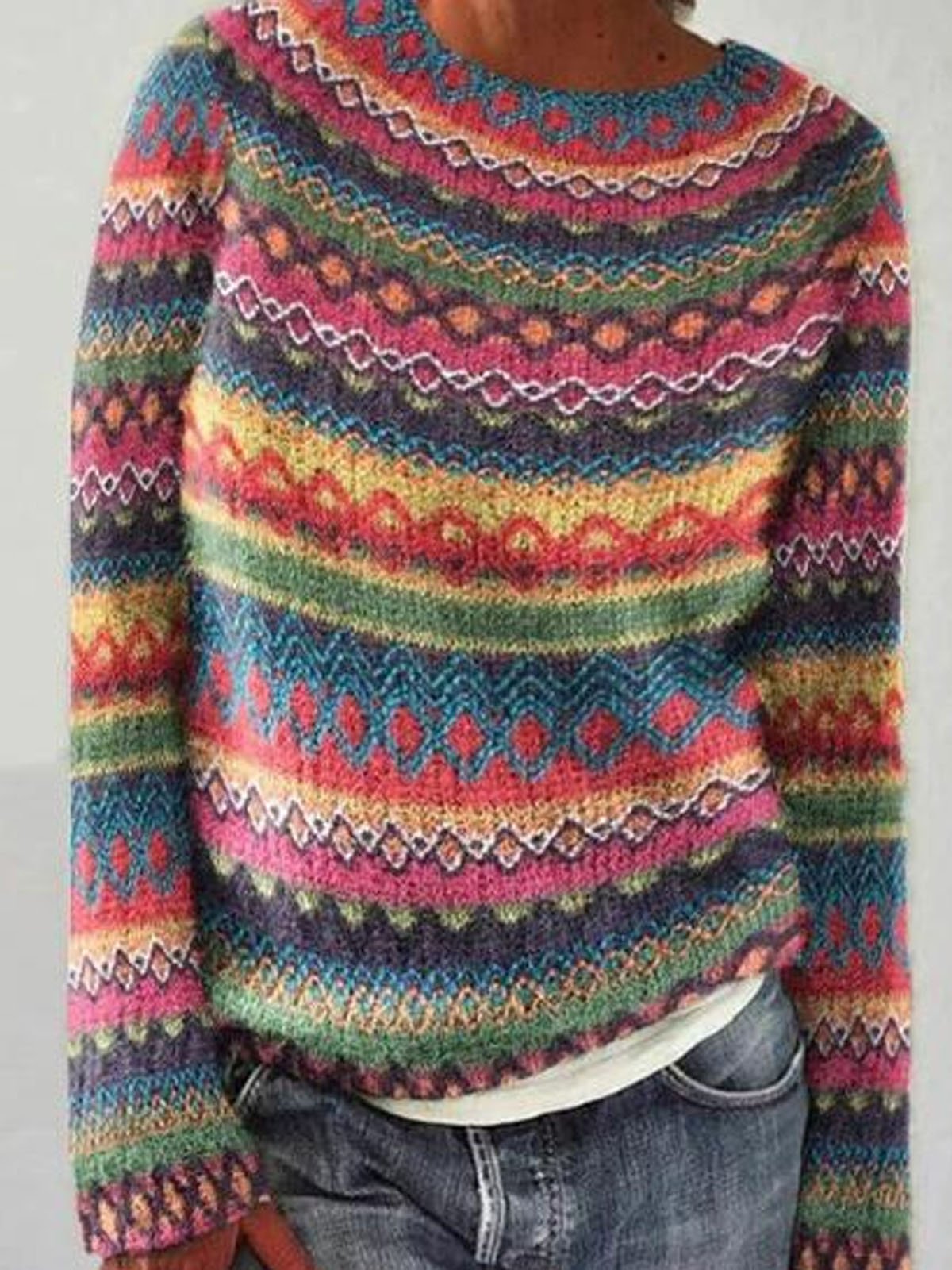 Striped Casual Yarn/Wool Yarn Crew Neck Sweater