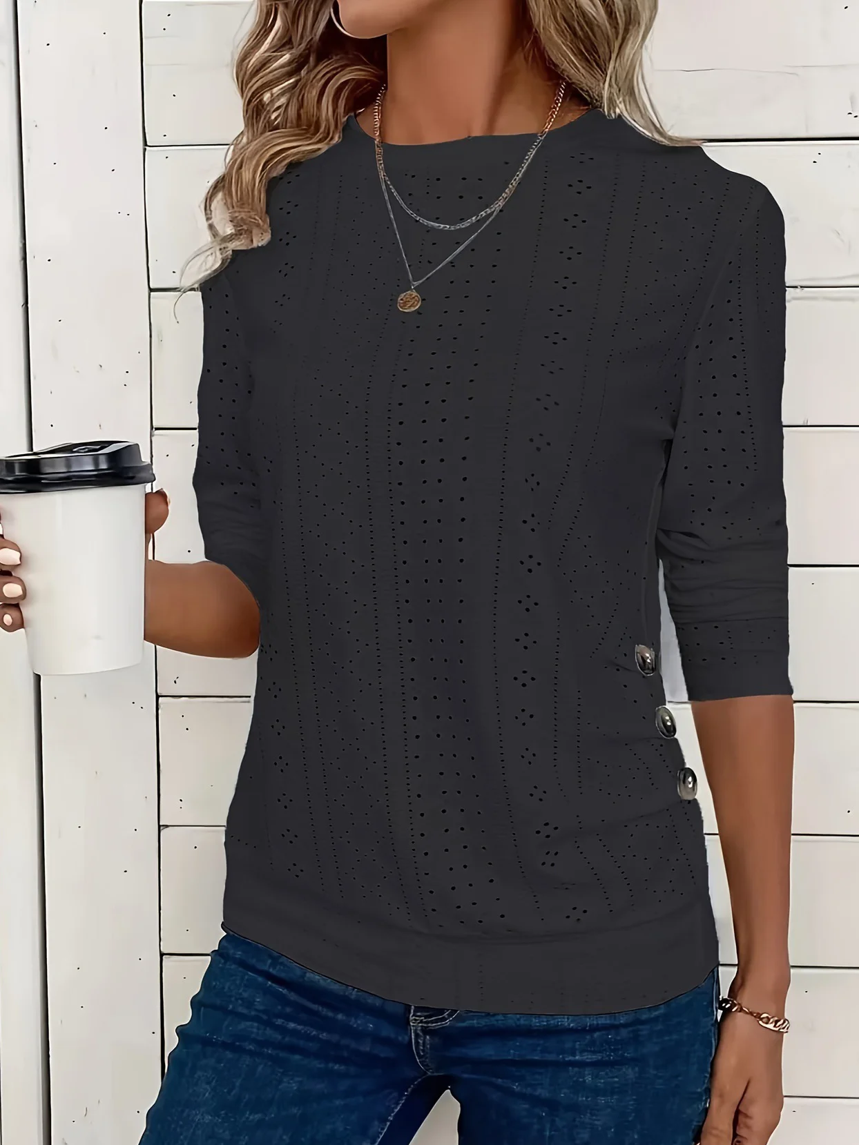 Plain Casual Buckle Crew Neck T-Shirt