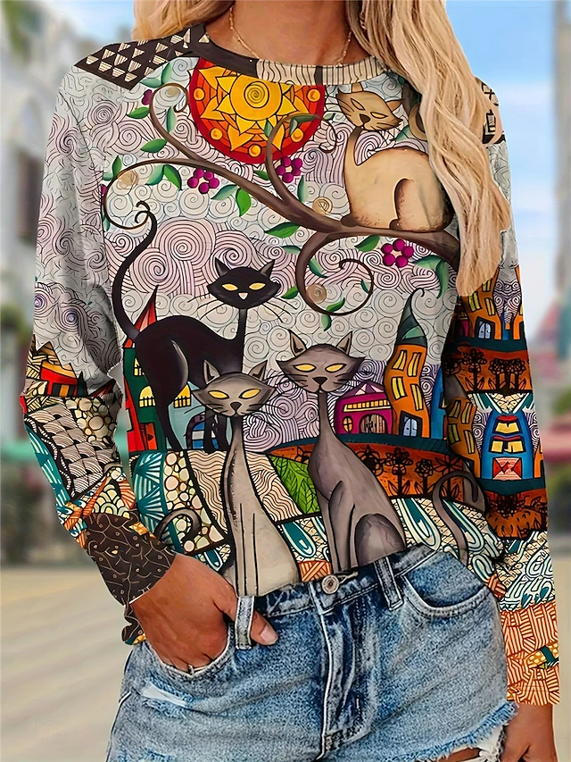 Crew Neck Casual Cat T-Shirt