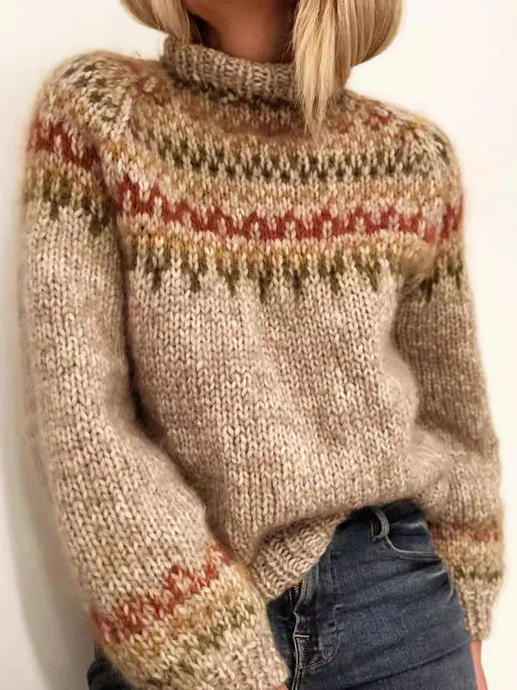 Loose Mock Neck Fair Isle Casual Sweater