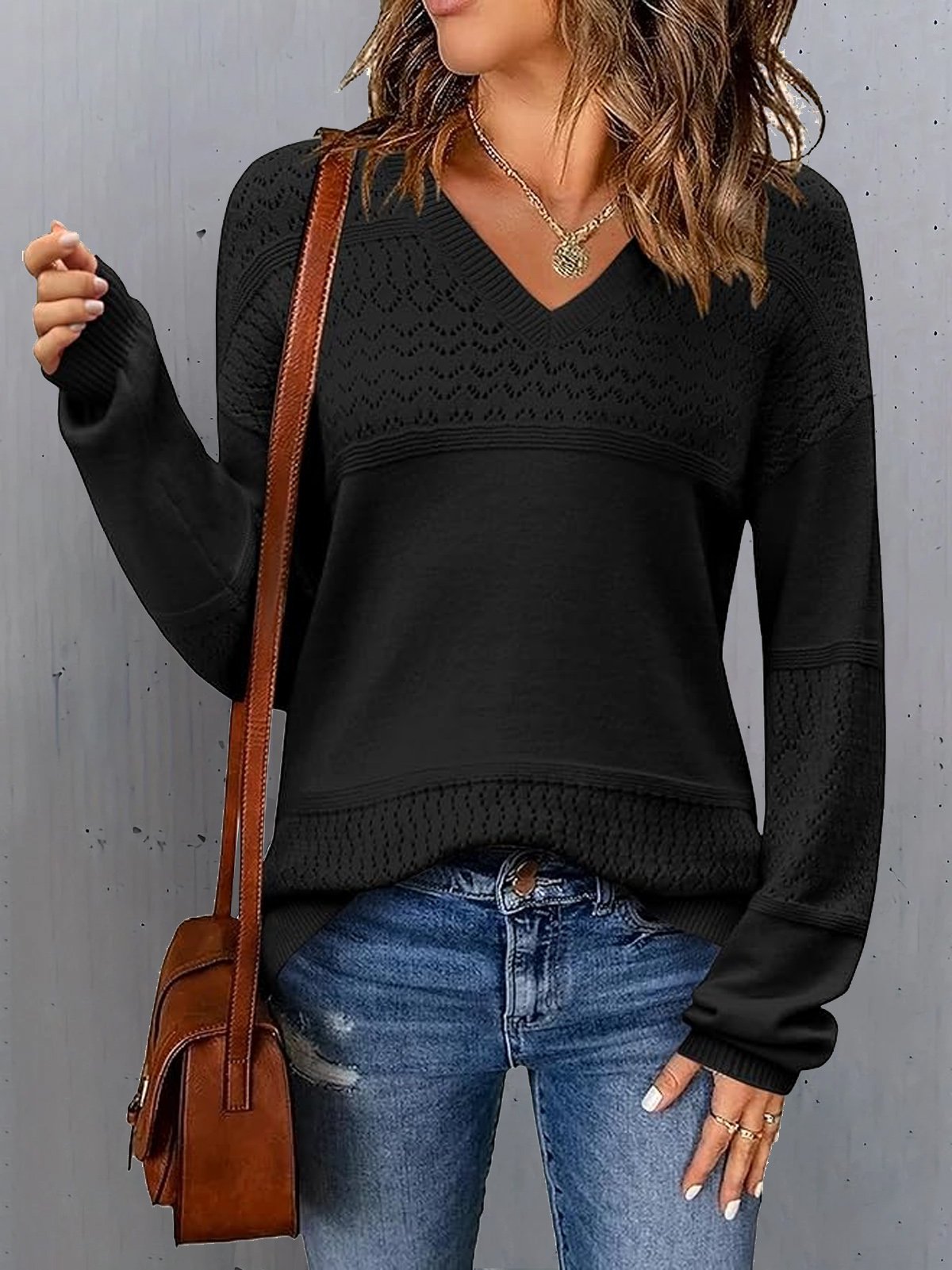 V Neck Yarn/Wool Yarn Casual Sweater