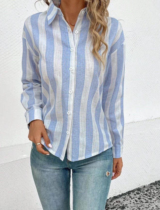 Casual Cotton And Linen Striped Shirt Collar Shirt