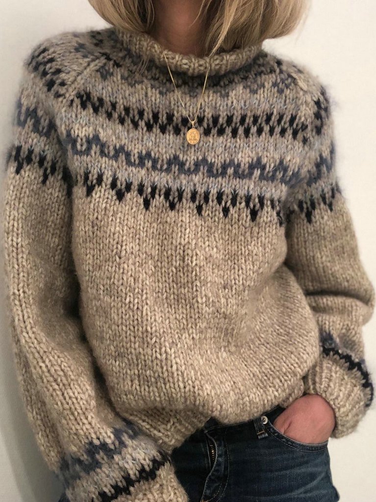 Loose Mock Neck Fair Isle Casual Sweater